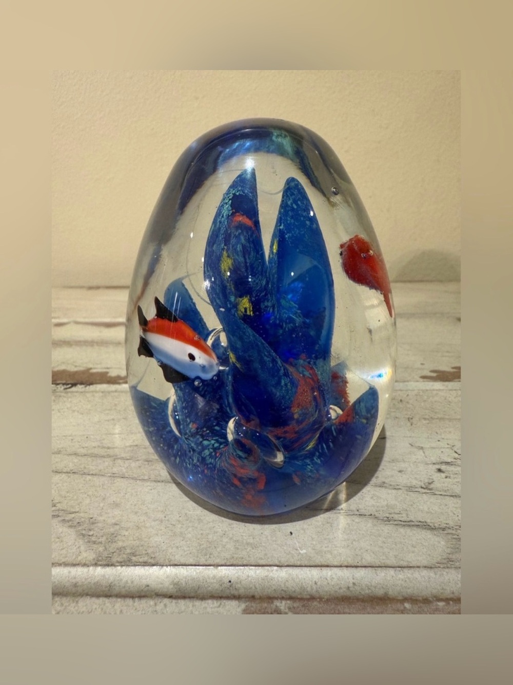 Vintage Blown Glass Aquarium Egg Paperweight — Tropical Fish & Coral Scene